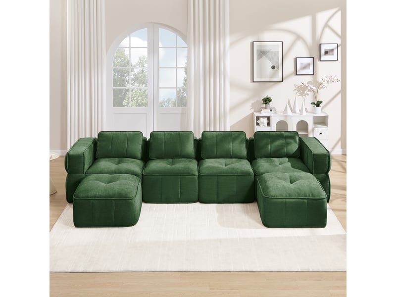  Canapé modulable en u 4 places vert avec 2 poufs, mousse haute densité 32d, tissu polyester doux, pour salon  - Conforama E