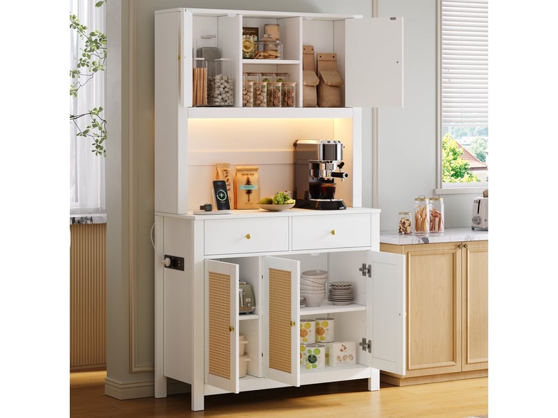  Meuble de cuisine muvano, buffet haut 100 × 40 × 180 cm, blanc, portes en rotin et led  - Conforama B
