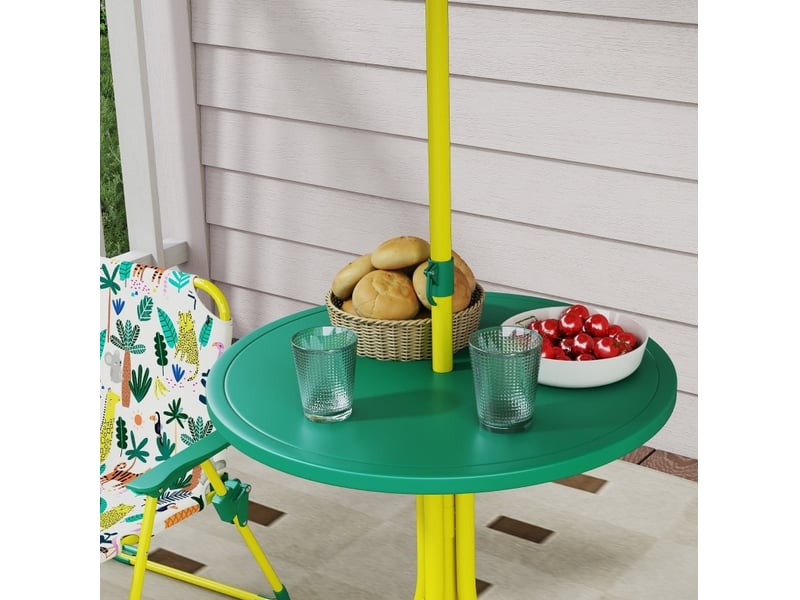  Salon de jardin enfant 4 pièces 49,5 cm vert en polyester, table, 2 chaises pliantes et parasol réglable  - Conforama E