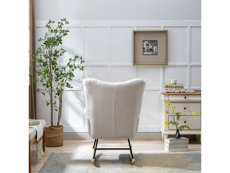 Fauteuil à bascule en tissu teddy avec poche, fauteuil berçant doux pour chambre d’enfant, dossier oreilles en bois massif, salon, blanc - Conforama E
