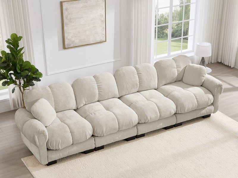  Canapé modulable 4 places, avec accoudoirs élégants, coussins épais, dossier ergonomique, 330x86x90cm, kaki clair chenille  - Conforama B