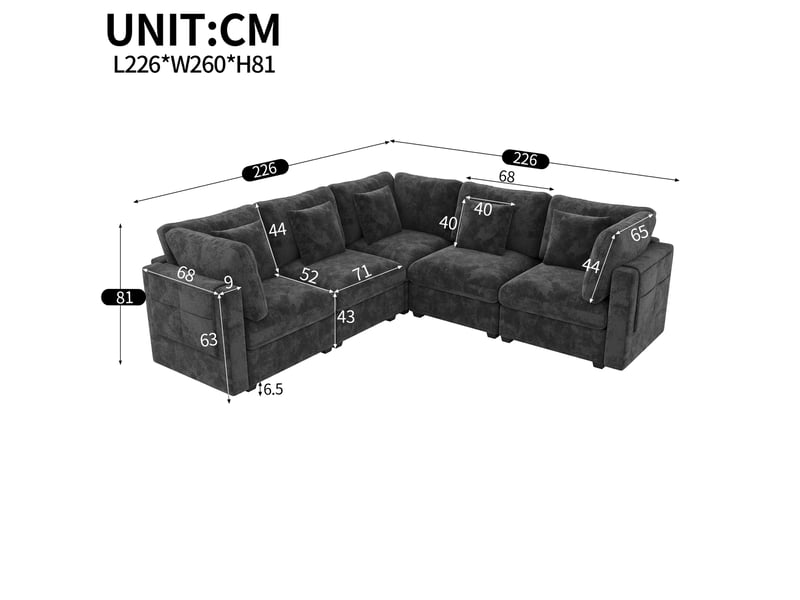  Canapé d’angle xl 5 places en chenille, canapé en l modulable avec grande méridienne gris, 226 x 226 x 81 cm Bubbly - Conforama C