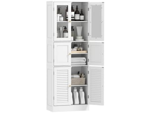 Armoire de salle de bain haute, meuble de rangement à 6 portes (2 portes vitrées et 2 portes à persiennes), étagère réglable, blanche, 6 x 30 x 170 cm