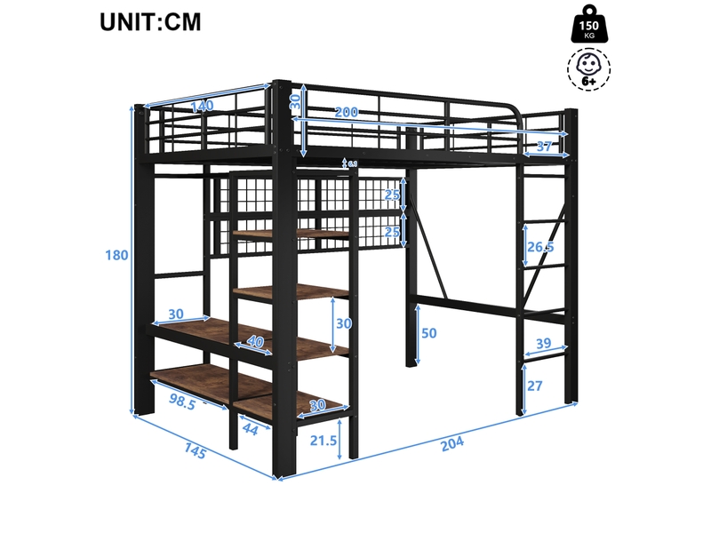  Lit mezzanine enfant 140 x 200 cm en métal avec led réglable, étagère, filet suspendu et penderie gain de place, noir  - Conforama C