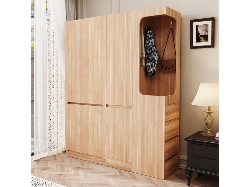  Armoire 140x40x170 cm spacieuse, penderie double et rangements modulables, bois et mdf, finition de bois naturel  - Conforama E