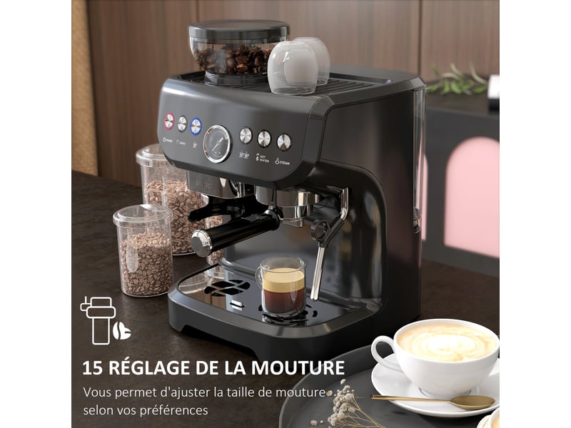  Machine à expresso 1600w avec moulin à grains, buse vapeur, pompe italienne 15 bars, réservoir d'eau 2 l, noir  - Conforama D