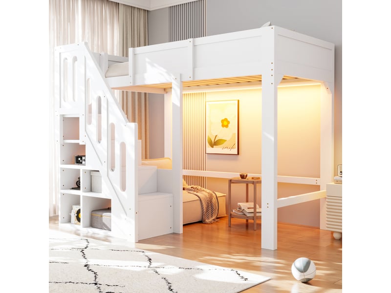  Lit mezzanine 90 x 200 cm avec escalier à 6 rangements, éclairage led et barrières de sécurité, bois et mdf - blanc OMNIGLINT TRADING LTD - Conforama B