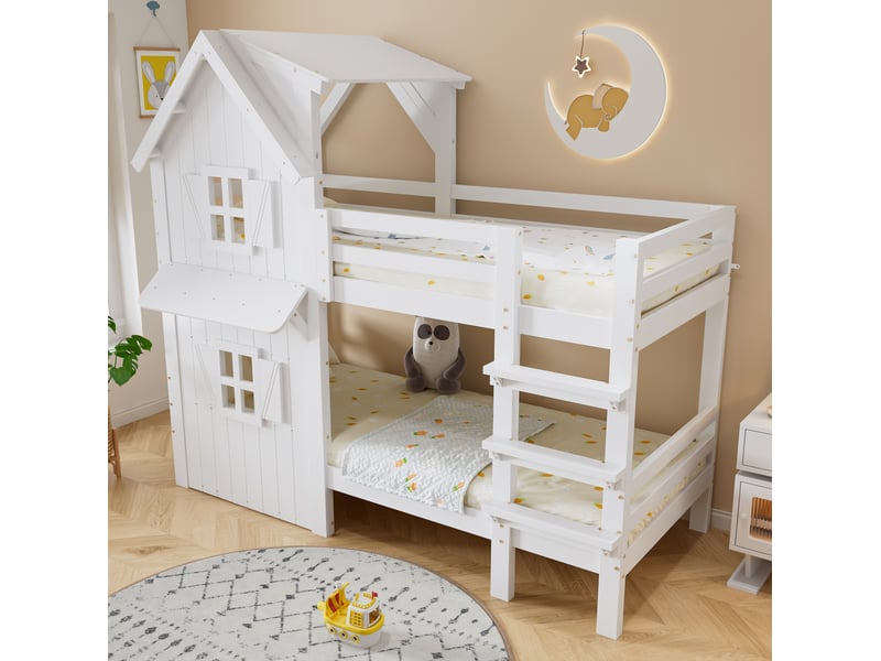  Lit superposé enfant blanc 90 x 200 cm avec toit et fenêtres  - Conforama C