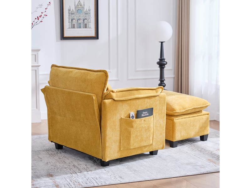  Fauteuil de détente 103x85x91 cm, avec pouf, sac de rangement, tissu chenille, jaune Cozy Nook - Conforama D