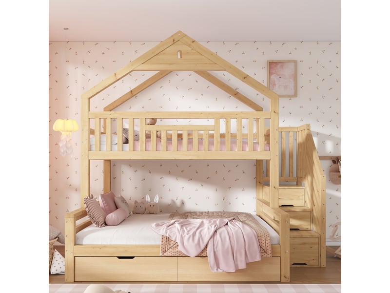  Lit superposé cabane enfant 90x200 + 140x200 cm - 2 couchages, escalier, toit pignon et 2 tiroirs - bois, mdf et contreplaqué - chêne CozyNest - Conforama B