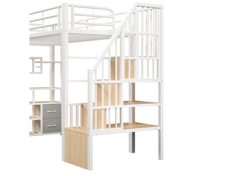 Lit mezzanine enfant 90x200 cm blanc métal et mdf, rangements, escalier et éclairage led intégré - Conforama E