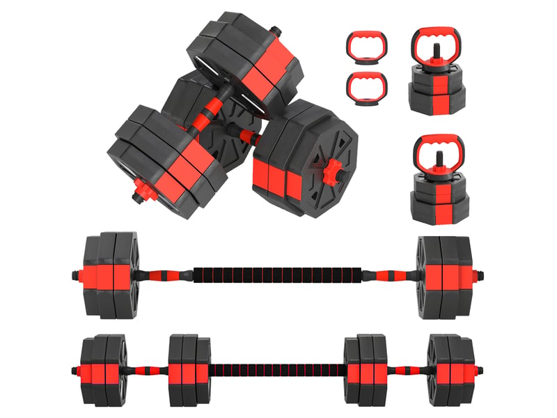 Kit de musculation 6 en 1 de 30 kg, convertible en kettlebell, comprenant 2 haltères, une barre et un support pour pompes, rouge. - Conforama B