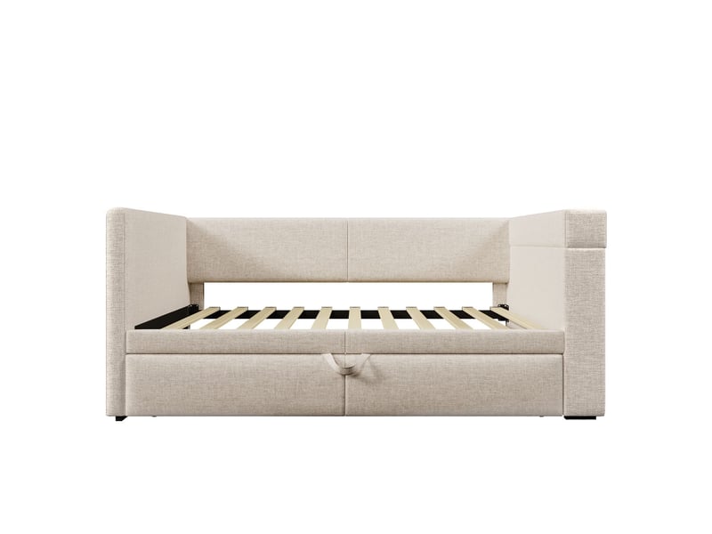  Lit gigogne 90 x 200 cm structure rembourrée fonction canapé-lit accoudoirs intégrés ports de charge usb et usb-c porte-gobelet intégré revêtement en mélange de lin coloris beige  - Conforama A