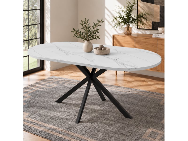  Table à manger extensible 120-160x80x75,5 cm plateau ovale blanc et pieds métal noir  - Conforama B