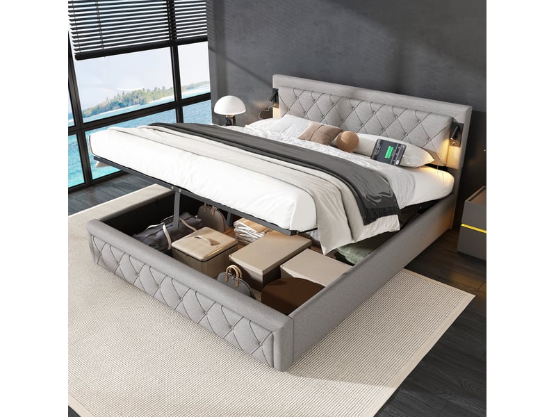  Lit rembourré tcqpz 180 x 200 cm avec rangement, downlight, usb, sommier à lattes, tête de lit à motif losange, lin gris  - Conforama B