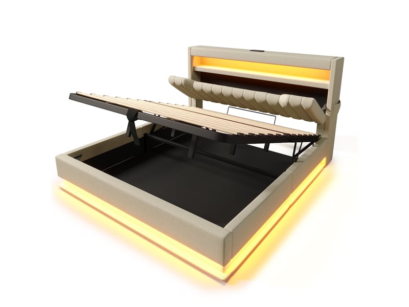  Lit double capitonné 140x190cm en lin beige, coffre hydraulique, tête de lit avec rangement, ports usb type-c, éclairage led 360°  - Conforama A