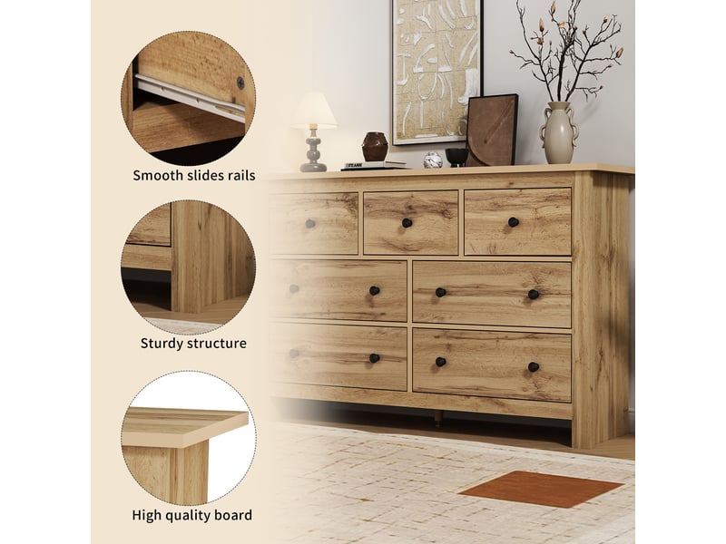  Buffet 7 tiroirs meuble bas 152x40x89 cm grande capacité rangement cuisine salle à manger entrée design moderne minimaliste couleur bois naturel  - Conforama D