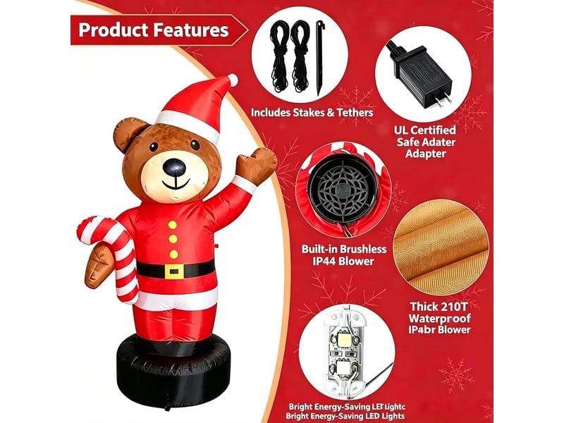  Ours gonflable de noël 1,8 m en costume de père noël avec canne à sucre, décoration extérieure  - Conforama E