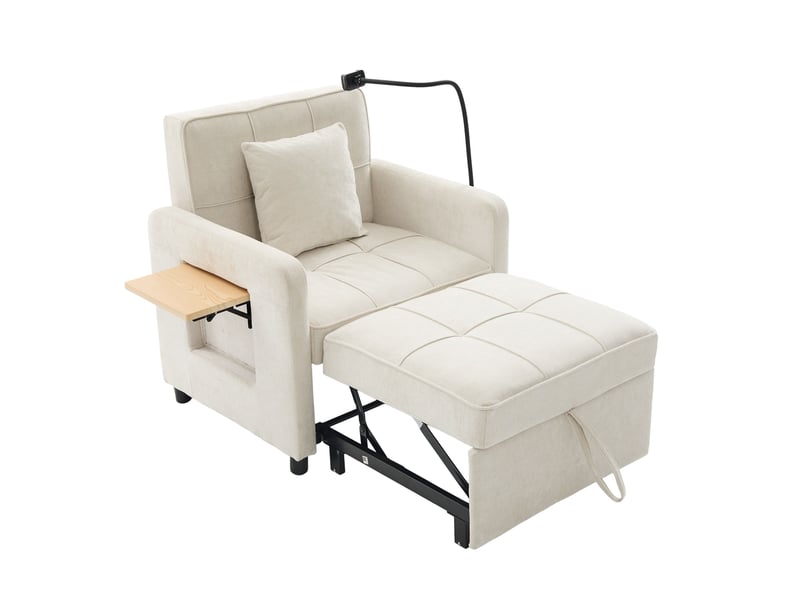  Fauteuil convertible 79x66x83 cm, meuble de salon canapé 1 place, poches latérales et coussins, revêtement chenille beige  - Conforama A