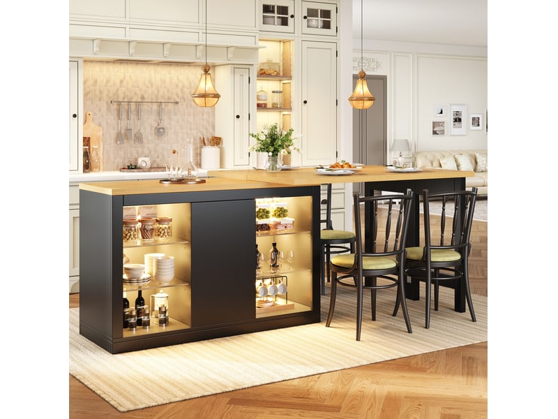 Table îlot de cuisine extensible 120x40x72 cm, rotation 360° et led rgb contrôlable par application, mdf, noir et bois clair - Conforama B