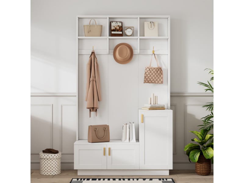 Ensemble dressing blanc pour entrée et couloir: banc, range-chaussures, étagères vestiaire, 3 crochets, h200×l120×p40 cm - Conforama B