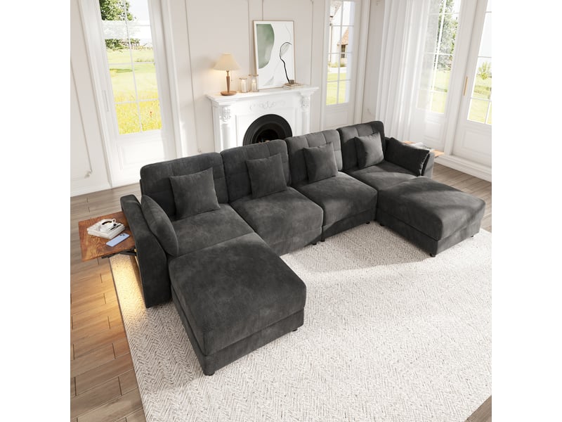  Canapé panoramique 6-7 places 292 cm, ul, 2 poufs mobiles, tables rabattables 30x50 cm, led bluetoothtélécommande, chenille gris Morn Vibe - Conforama C
