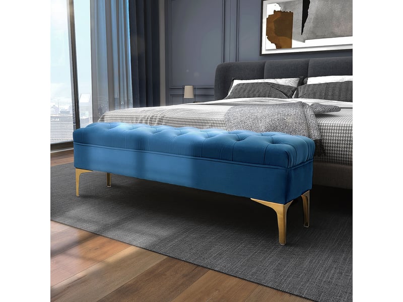  Banc, banc de lit, banc à chaussures avec pieds surélevés, chambre, velours, bleu  - Conforama C