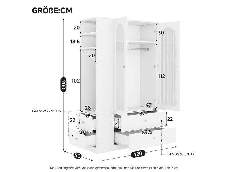  Armoire 120x50x200 cm, 4 tiroirs et 2 portes vitrées, mdf blanc, rangement chambre, vêtements et accessoires, dressing  - Conforama C
