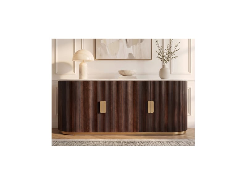  Buffet orion 170 cm en bois massif de manguier – plateau en marbre blanc, 4 portes et métal doré  - Conforama E