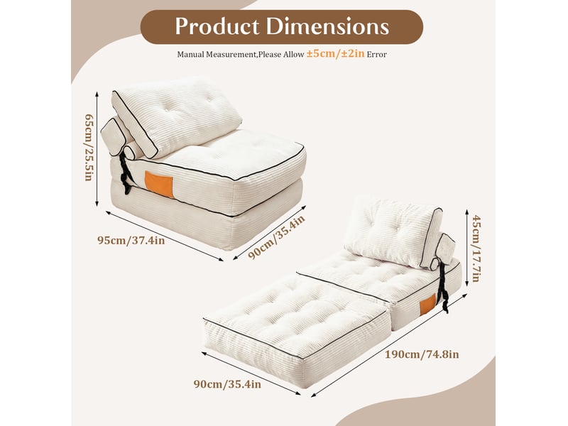  Canapé-lit pliable 1 place modenvie convertible en velours côtelé blanc 90 x 190 cm  - Conforama C