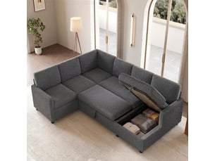 Canapé d'angle convertible en u 5 places en cordonnet gris avec coffre intégré sous méridienne
