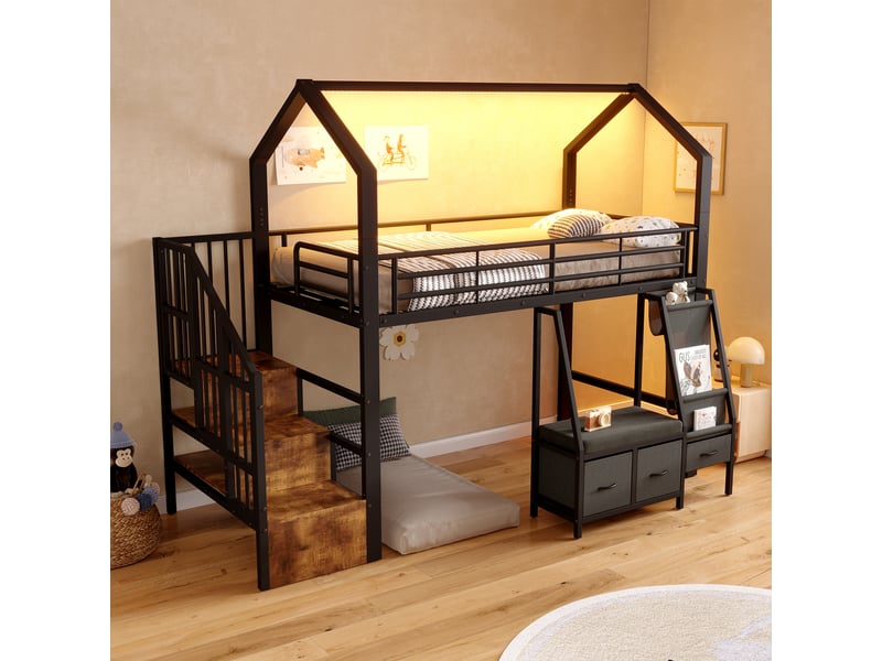  Lit mezzanine enfant 90x200cm en forme de maison avec escalier, étagères, tiroirs en tissu et led, structure en métal, nior  - Conforama D