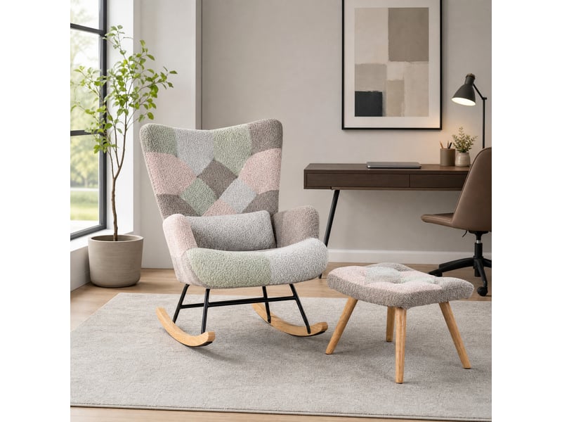 Rocking-chair avec repose-pieds, coussin lombaire et pieds réglables, structure en bois d'hévéa, velours multicolore - Conforama B