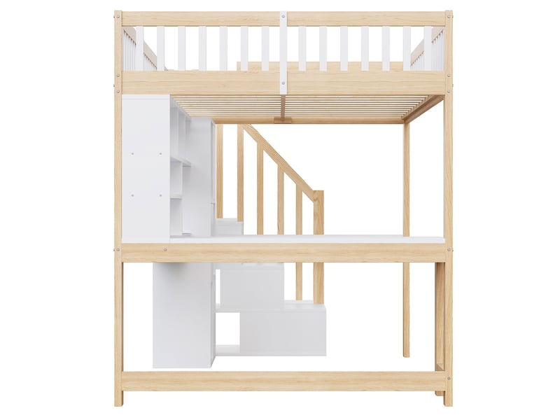  Lit mezzanine blanc et naturel 140x200 cm, led, bureau, escalier-rangement, étagères  - Conforama E