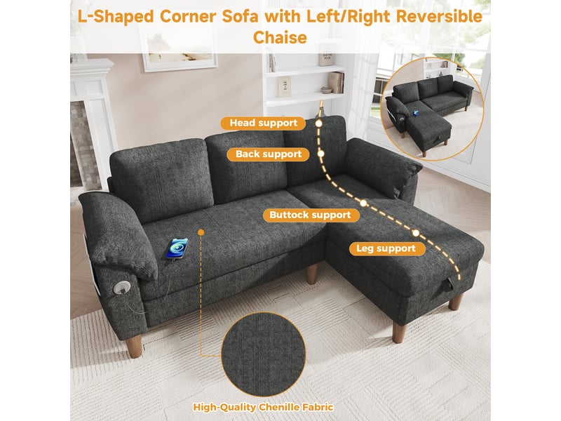 Canapé d'angle 3 places réversible en tissu chenille gris foncé, méridienne avec coffre de rangement, ports usb pour salon moderne - Conforama D