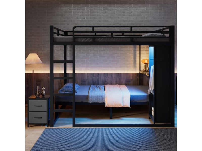  Lit superposé 140x20090x200 cm, lit enfant, penderie, échelle, barrière de sécurité, éclairage led, design moderne, métal noir CozyNest - Conforama D
