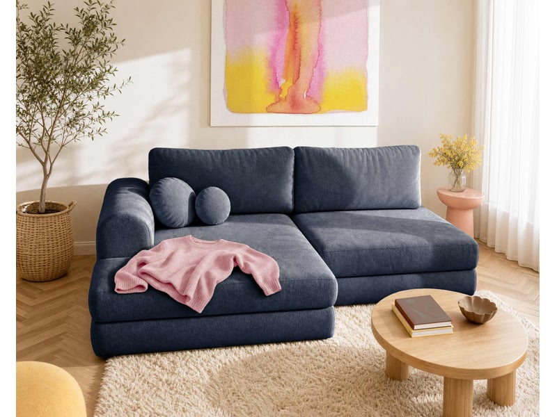 April - canapé d'angle gauche 4 places convertible avec coffre en velours texturé - best mobilier - bleu marine APRIL - Conforama B