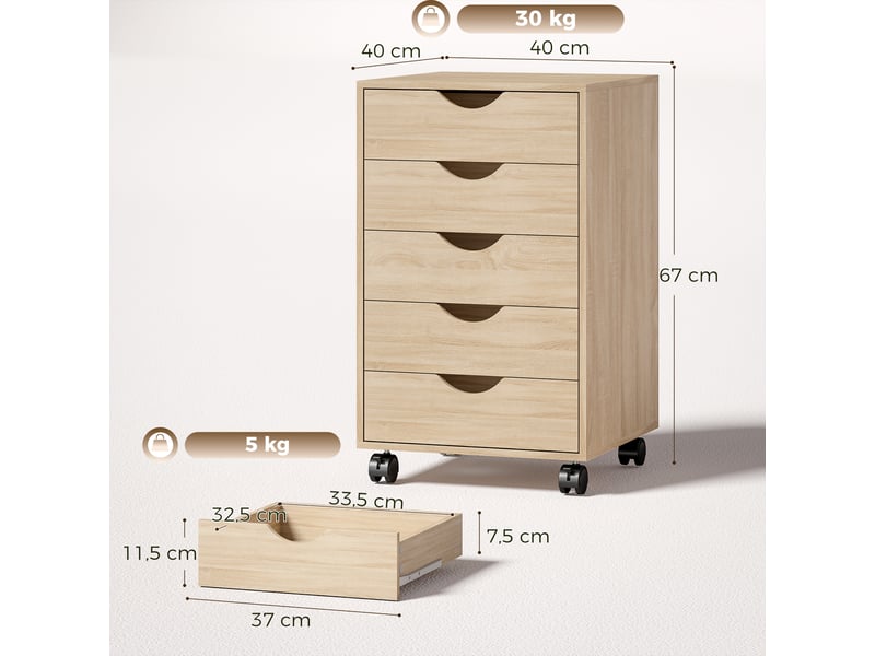  Caisson bureau mobile, meuble rangement sur roulettes avec 5 tiroirs, bois, chêne, 40 x 40 x 67 cm  - Conforama C
