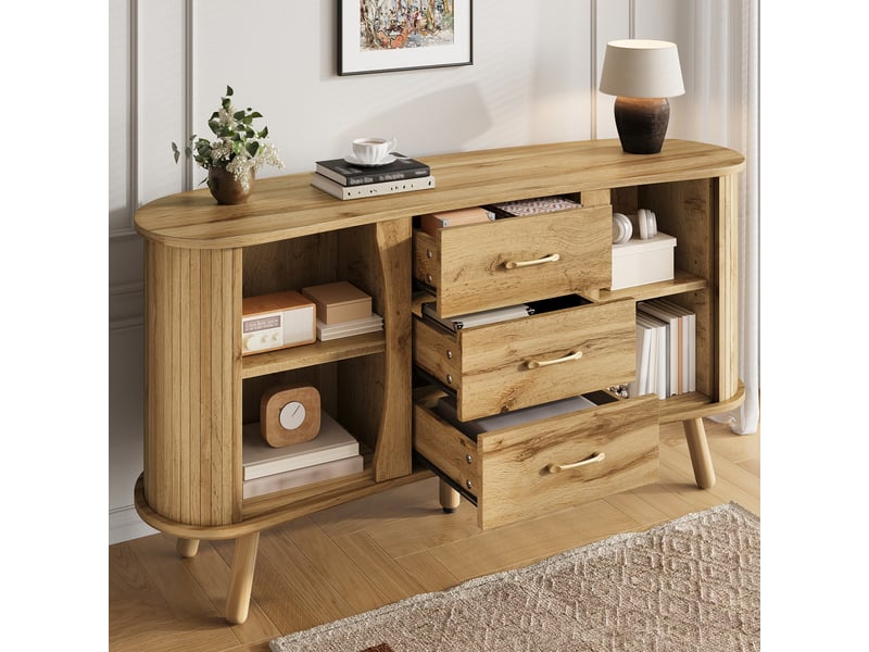 Buffet scandinave 150cm avec portes coulissantes et 3 tiroirs, meuble de rangement en mdf aspect bois naturel - Conforama B