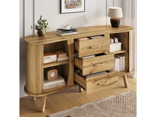 Buffet scandinave 150cm avec portes coulissantes et 3 tiroirs, meuble de rangement en mdf aspect bois naturel
