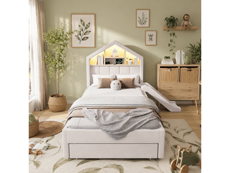 Lit enfant rembourré 90x200 cm, tête de lit maison avec rangement, toboggan réversible, led, port de charge, tiroir, velours français, beige OMNIGLINT TRADING LTD - Conforama E