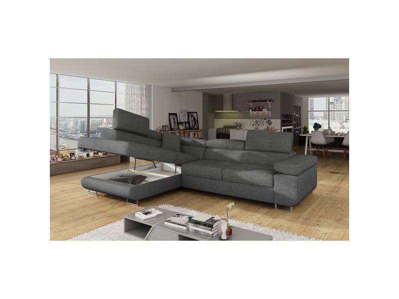 Canapé d'angle convertible menton gris tissu tissé – angle gauche avec coffre - Conforama E