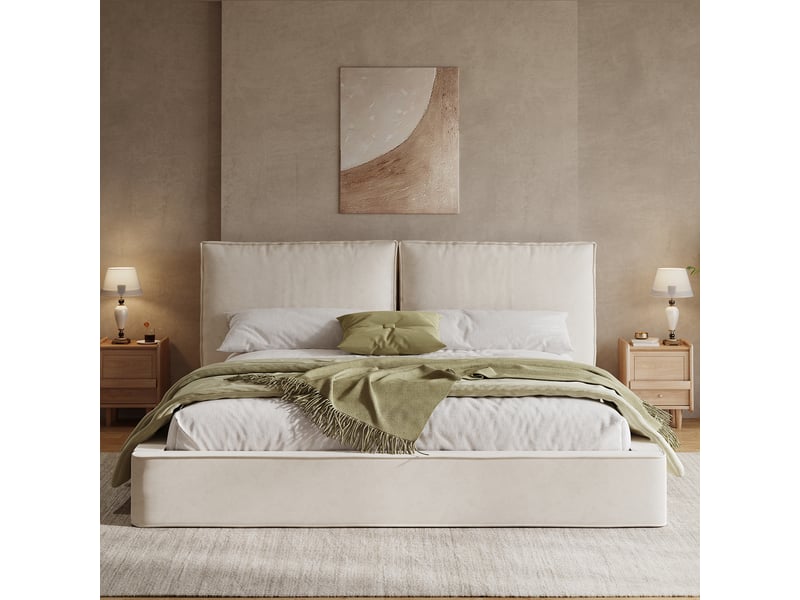  Lit double 180x200 cm, lit rembourré, sommier à lattes, tête de lit rembourrée, tissu chenille beige  - Conforama R