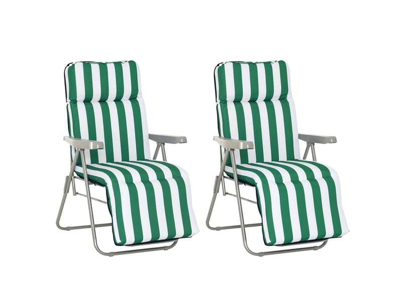  Chaises longues de jardin, lot de 2, pliables avec coussins, 60 x 75 x 102 cm, acier, vert et blanc  - Conforama A