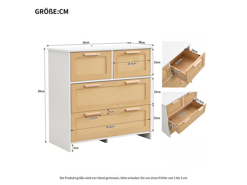  Commode 4 tiroirs cannage rotin - 80x38x80cm - meuble de rangement poignées bois - blanc &amp; naturel  - Conforama E