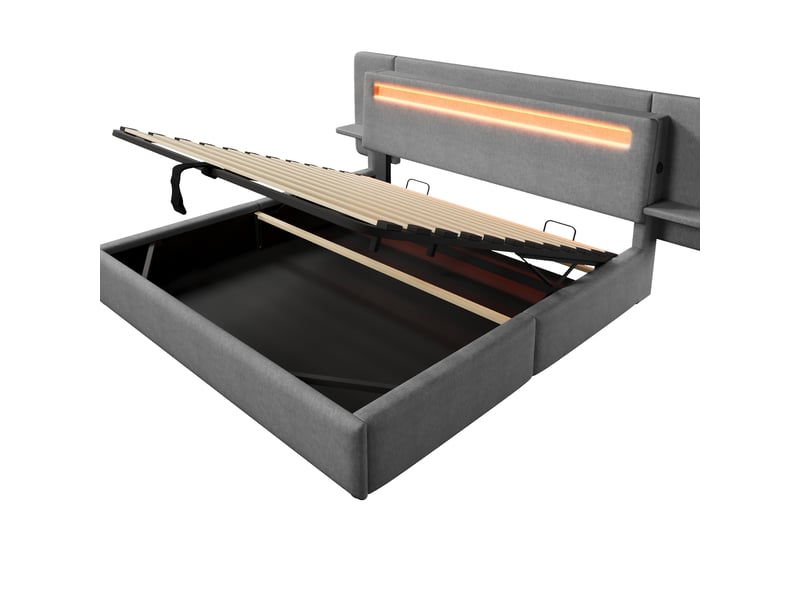 Lit coffre capitonné 180 x 200 cm - avec rangement coffre - table de chevet, port usb et led - mdf + lin - gris (sans matelas) - Conforama D