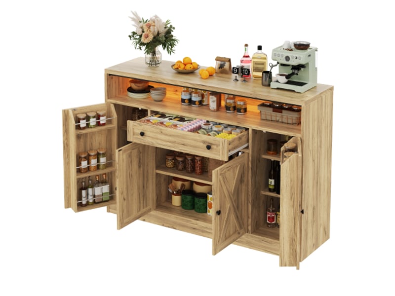  Buffet 140x35x95 cm naturel, 4 portes style grange, tiroir, rangements de porte et led rgb avec application, mdf  - Conforama A