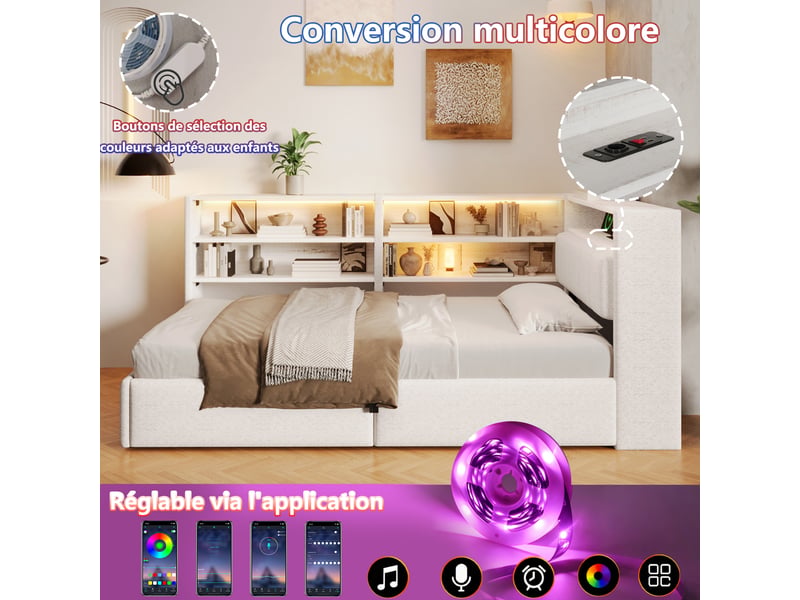 Canapé-lit 90 x 200 cm, suspension hydraulique, prise électrique, caisson latéral réversible (à gauche ou à droite) avec port usb et éclairage led, sans matelas, velours blanc.  - Conforama E