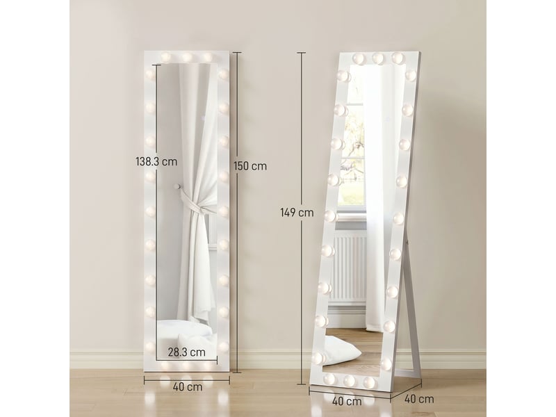  Miroir sur pied 150 x 40 cm, miroir led avec 24 ampoules, 3 couleurs de lumière, à poser ou à incliner, blanc  - Conforama E