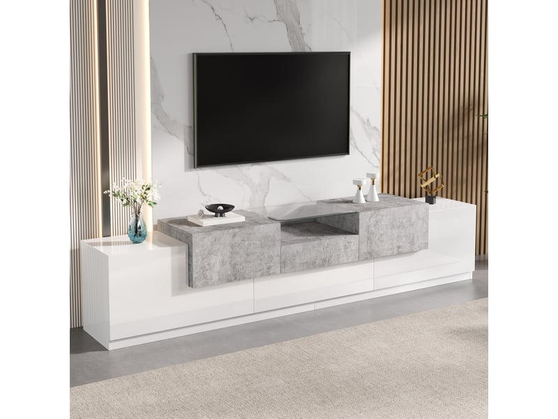  Meuble tv avec 4 portes, 1 tiroir, niche vitrée et abattant, passe-câbles pour salon en mdf blanc brillant moderne 200×33×48,5 cm  - Conforama C